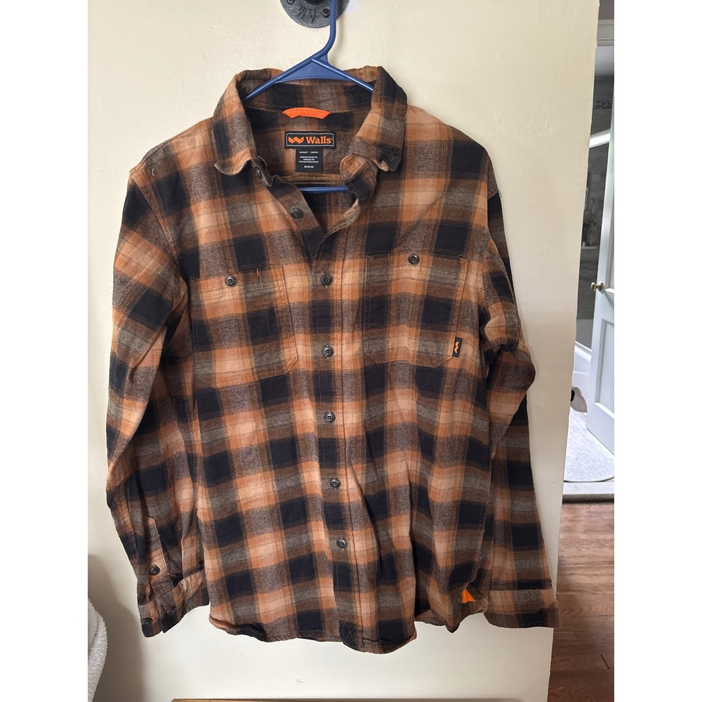 Walls Flannel Shirt Mens Medium Brown Black Plaid Long Sleeve Button Up